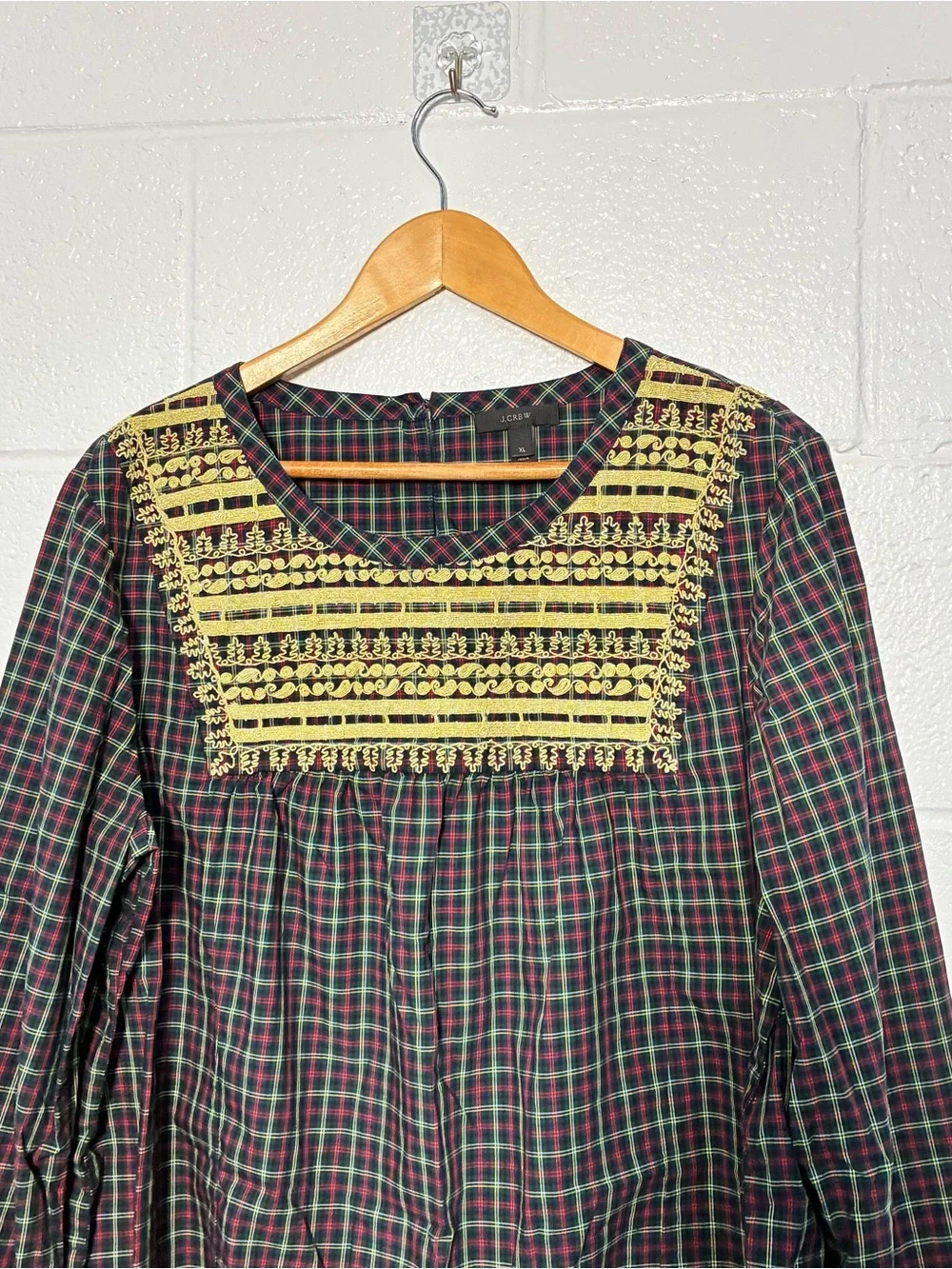 J Crew plaid long sleeve top with gold embroidery embellishments